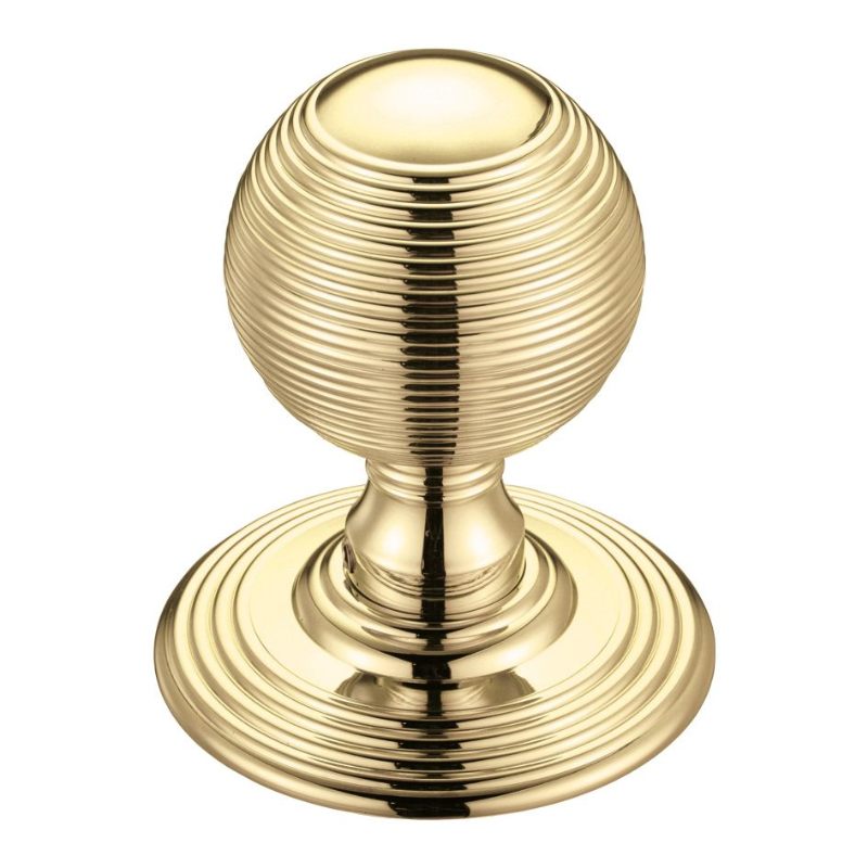 Ringed Mortice Knob on Round Rose - Concealed Fix - Solid-Polished Brass