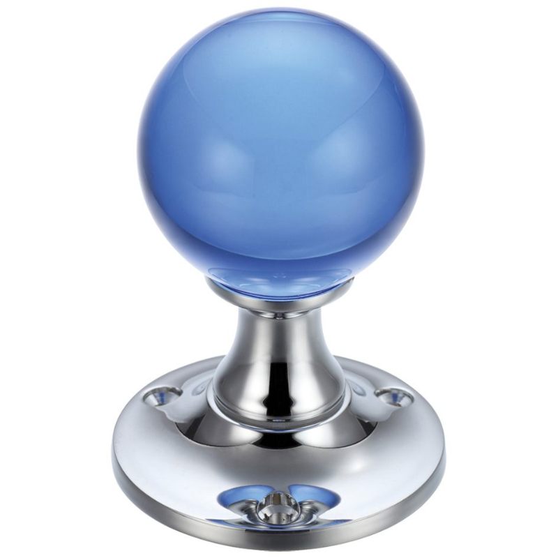 Glass Ball Mortice Knob - Plain Blue - 50mm -Polished Brass