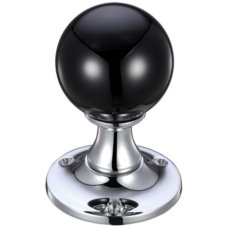 Glass Ball Mortice Knob - Plain Black - 50mm -Polished Chrome / Black Glass