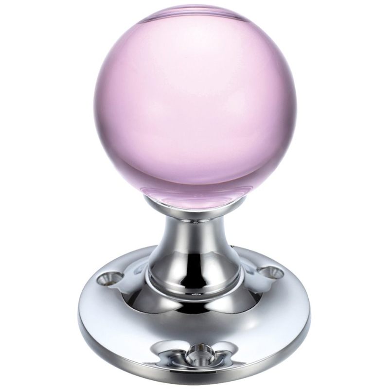 Glass Ball Mortice Knob - Plain Pink - 50mm -Polished Chrome / Pink Glass