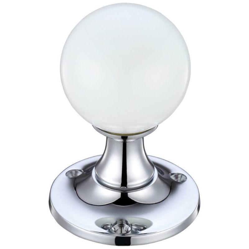 Glass Ball Mortice Knob - Plain White - 50mm -Polished Chrome / White Glass
