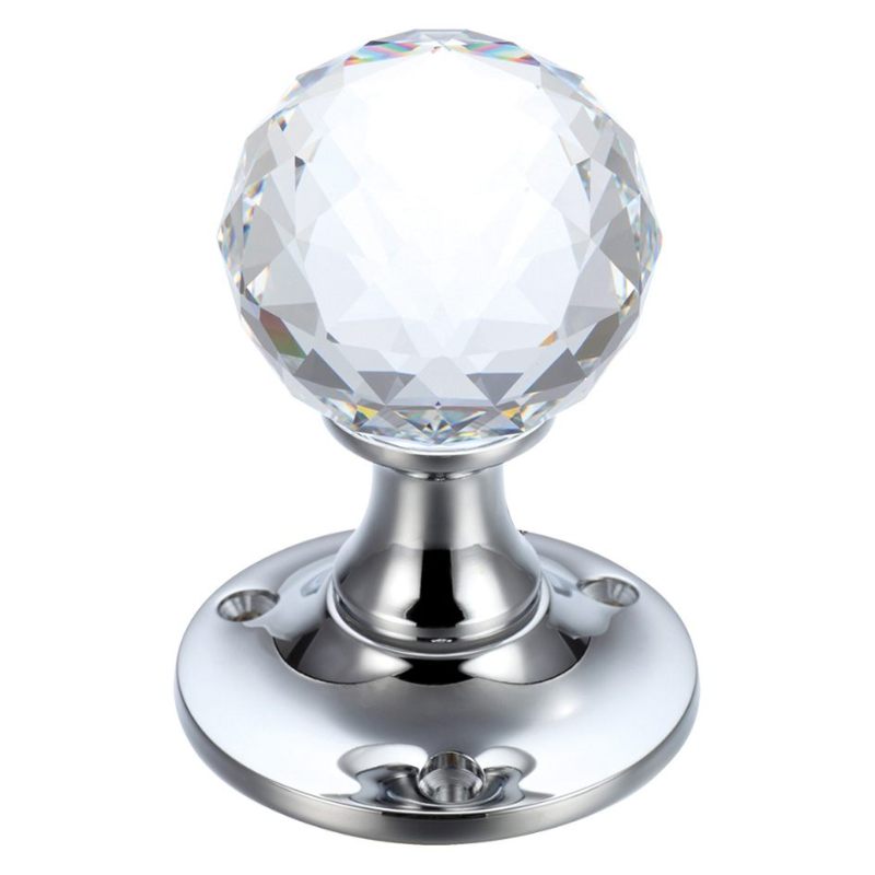 Glass Ball Mortice Knob - Facetted Clear - 50mm -Polished Chrome