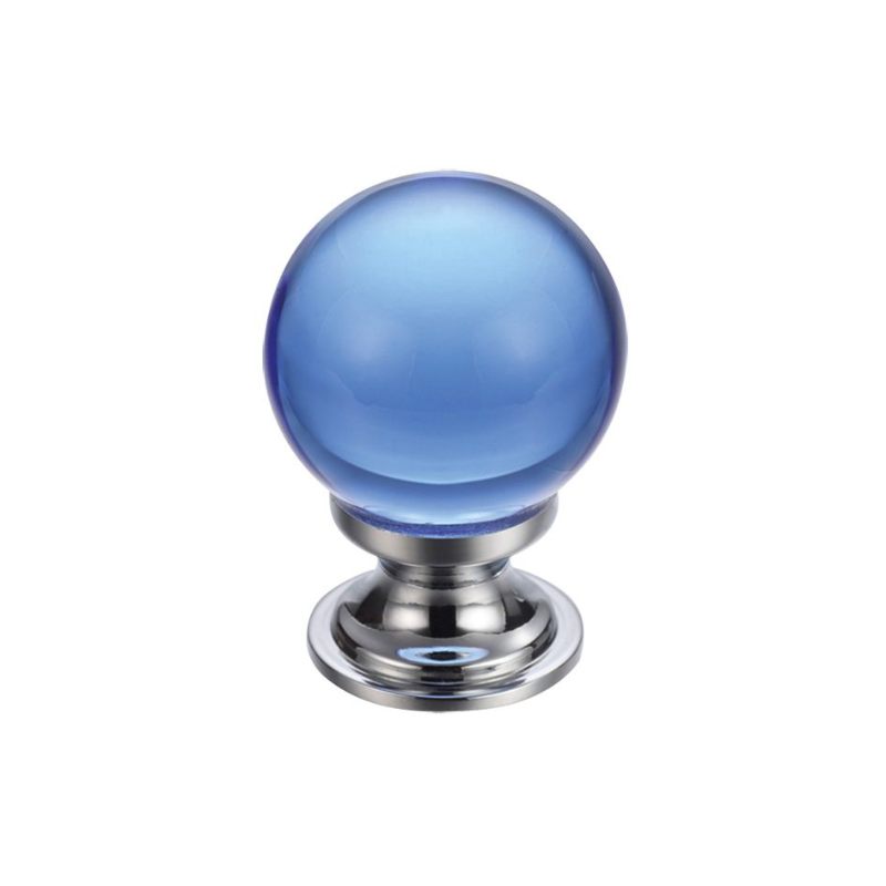 Glass Ball Cabinet Knob - Plain Blue 25mm-Polished Brass