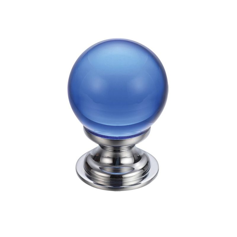 Glass Ball Cabinet Knob - Plain Blue 30mm-Polished Brass