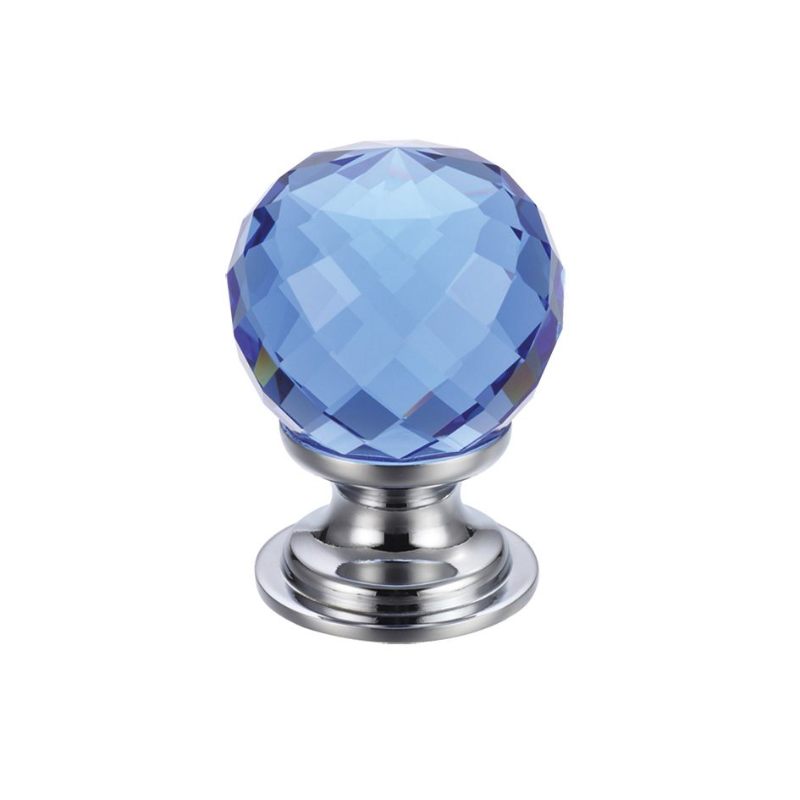 Glass Ball Cabinet Knob - Facetted Blue 30mm-Polished Brass