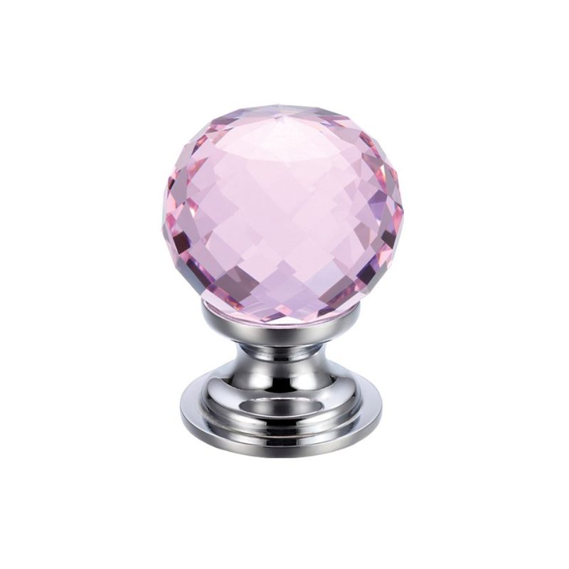 Glass Ball Cabinet Knob - Facetted Pink 30mm-Polished Chrome / Pink Glass