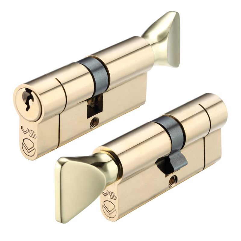 V5 70mm Euro Cylinder and Turn Keyed to Differ -Polished Brass
