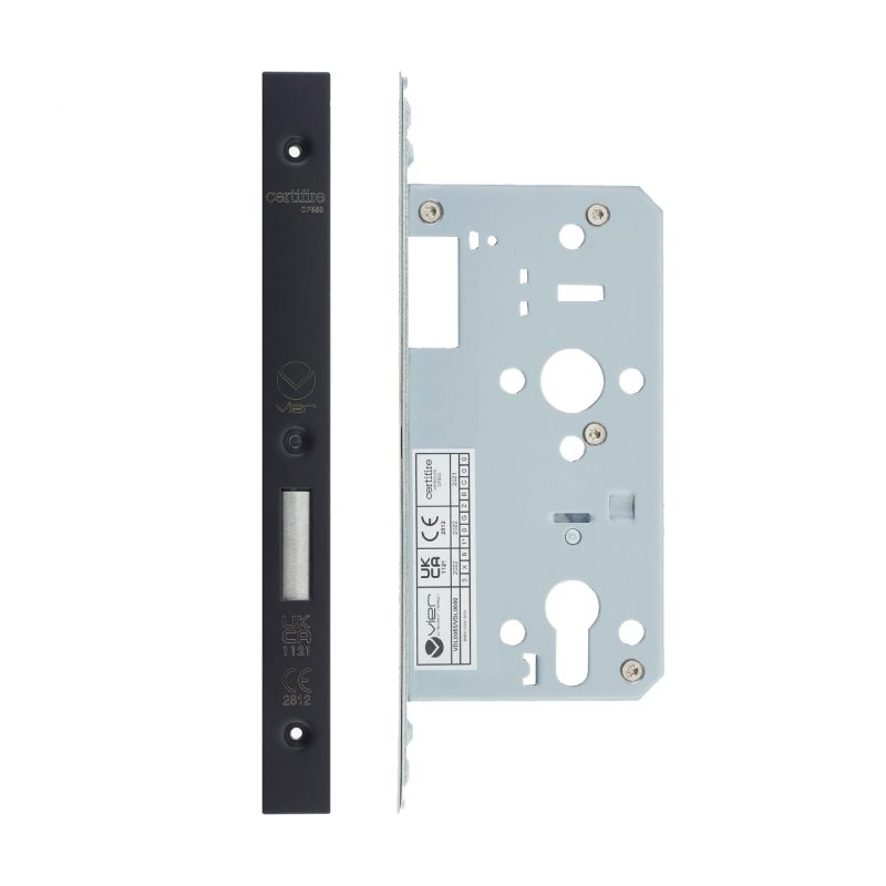 Din Euro Deadlock- Backset 55mm - 2 Pc Forend - Square - PCB - Powder Coated Black-Powder Coat Black