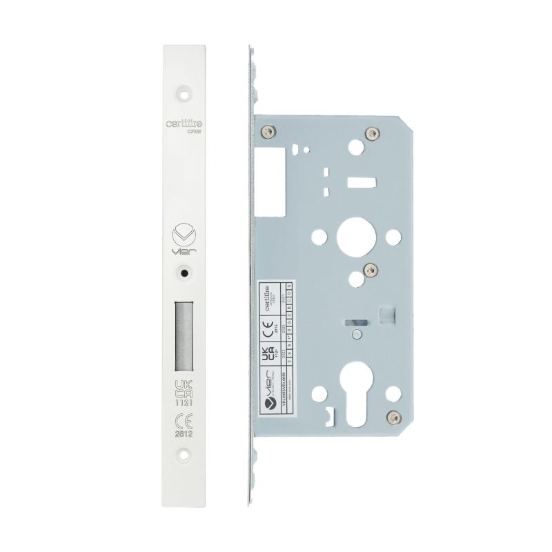 Din Euro Deadlock- Backset 55mm - 2 Pc Forend - Square - PCW - Powder Coated White-Powder Coat White