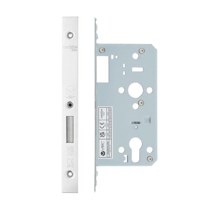 Din Euro Deadlock- Backset 55mm - 2 Pc Forend - Square - PSS - Polished Stainless Steel-Polished Stainless