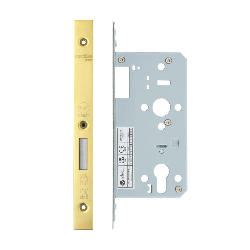 Din Euro Deadlock- Backset 55mm - 2 Pc Forend - Square - PVDG- Polished Brass Effect-PVD Satin Brass