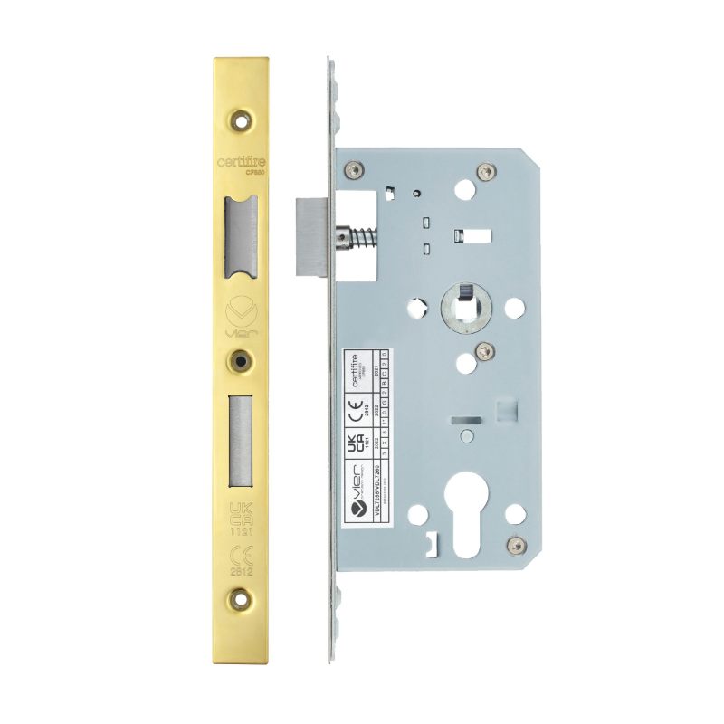 Din Euro Sashlock- Backset 55mm - 2 Pc Forend - Square - PVDG- Polished Brass Effect-PVD Satin Brass