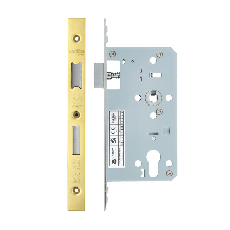 Din Euro Sashlock- Backset 60mm - 2 Pc Forend - Square - PVDG- Polished Brass Effect-PVD Satin Brass