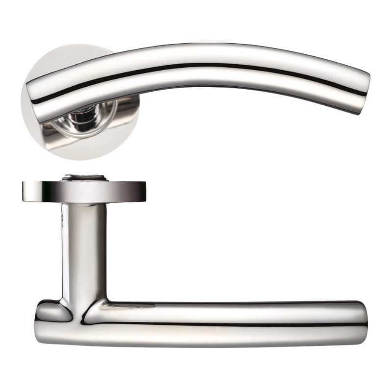 Arched "T-bar" Lever on round Rose-Polished Stainless
